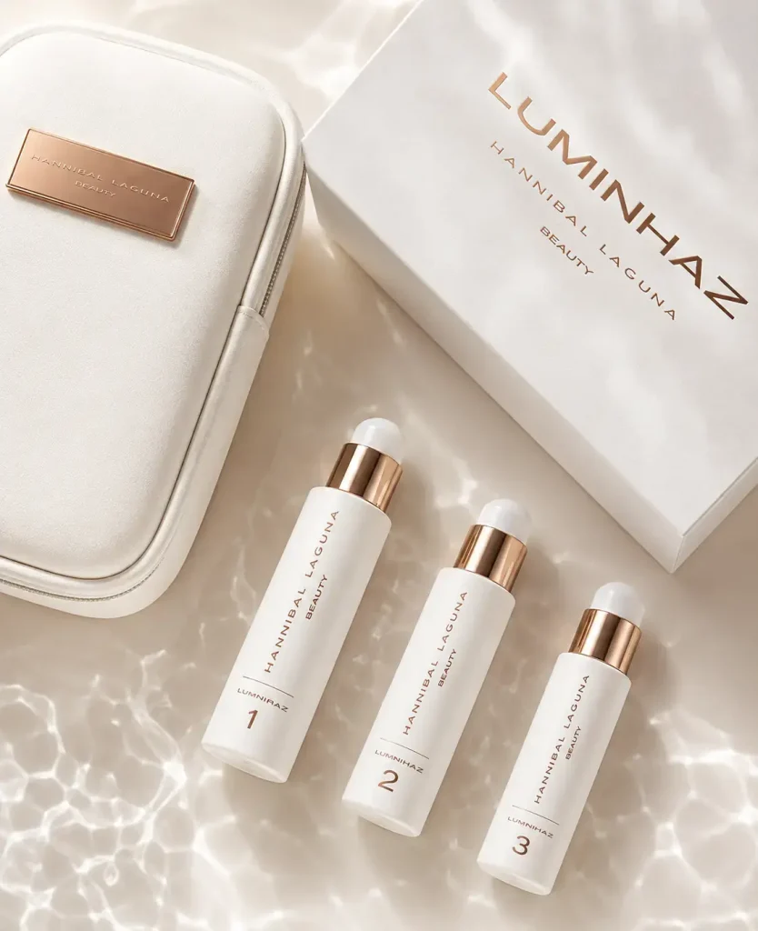 Estuche Luminhaz con neceser y tres fórmulas sobre un fondo de reflejos